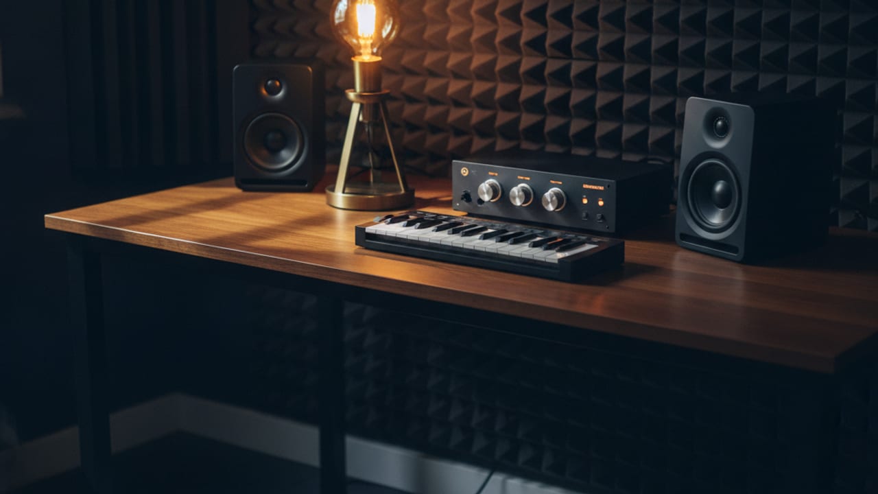 Home studio desk with an audio interface, MIDI keyboard and studio monitors